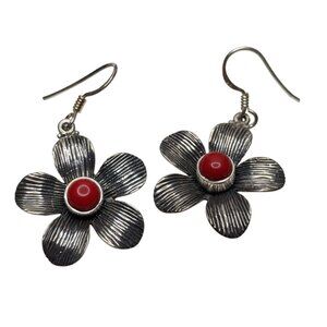 Daisy Dangle Earrings 925 Sterling Silver Red Onyx Plumb Blossom 35mm 6.8 Grams